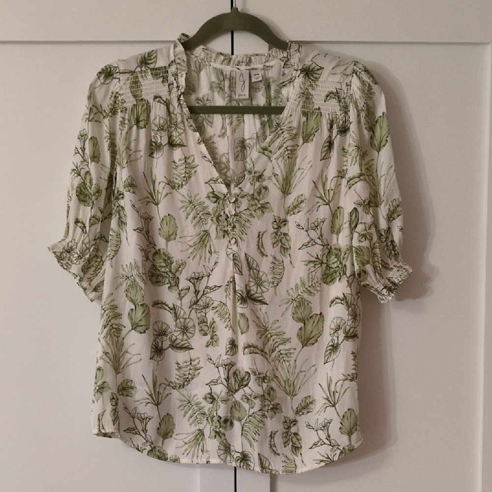 Joie Green White Botanical Print Smocked Blouse Women's Size M Fairy Boho